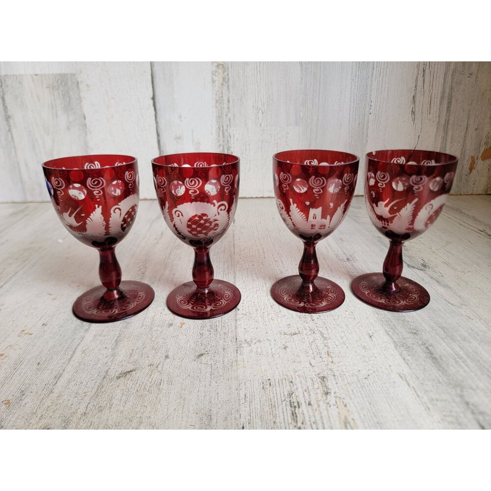 Egermann red cup Bohemian etched‎ glass set collectible vintage